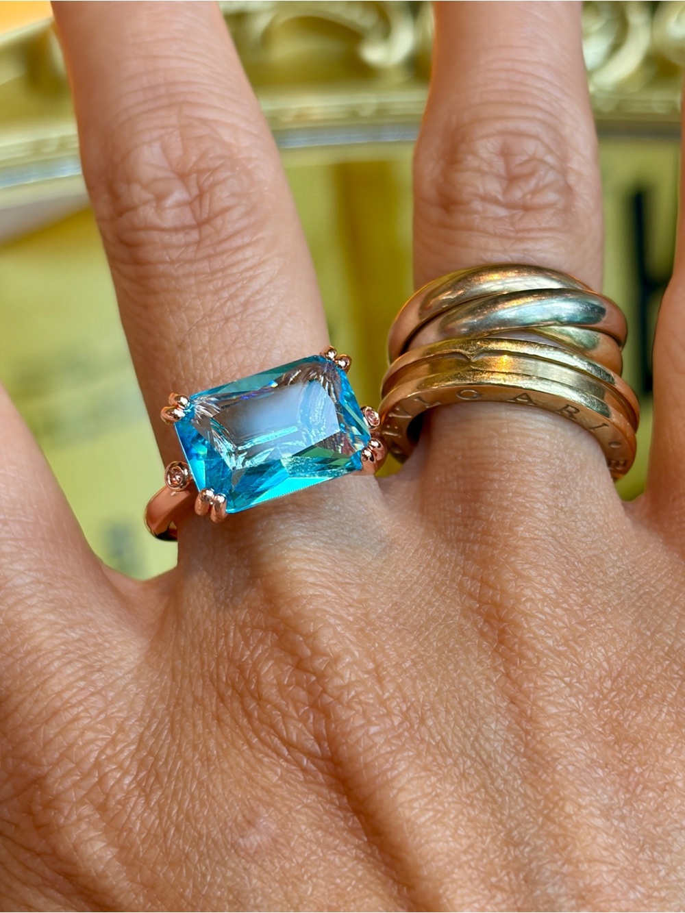 New Radiant Cut Simulated Aquamarine Rose Color Cocktail Statement Ring size 7 - Picture 6 of 7